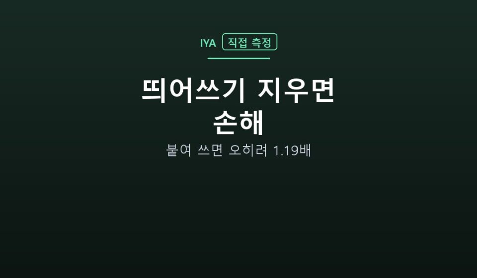 띄어쓰기 지우면 손해 — 붙여 쓰면 오히려 1.19배